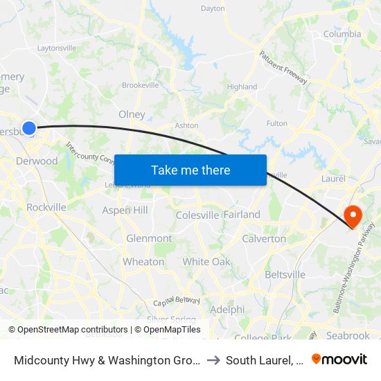 Midcounty Hwy & Washington Grove Ln to South Laurel, MD map