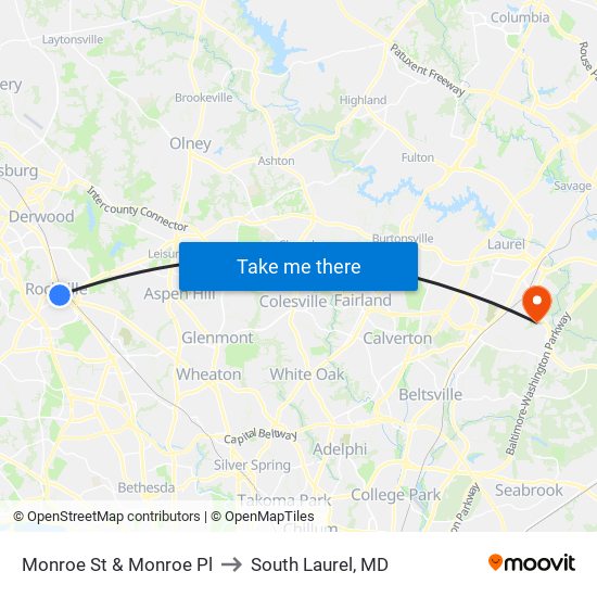 Monroe St & Monroe Pl to South Laurel, MD map