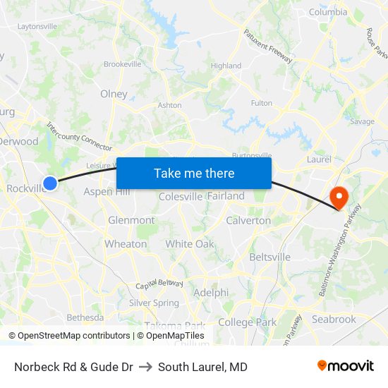Norbeck Rd & Gude Dr to South Laurel, MD map