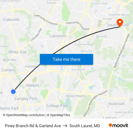 Piney Branch Rd & Garland Ave to South Laurel, MD map