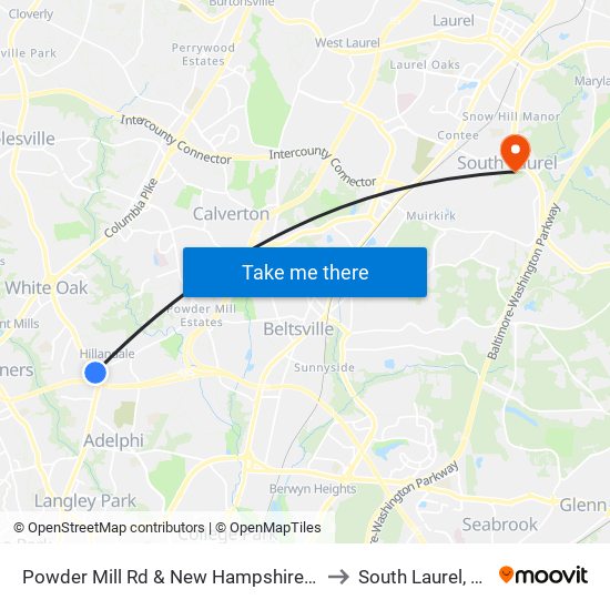 Powder Mill Rd & New Hampshire Ave to South Laurel, MD map