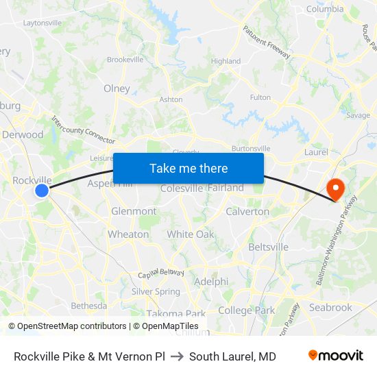 Rockville Pike & Mt Vernon Pl to South Laurel, MD map