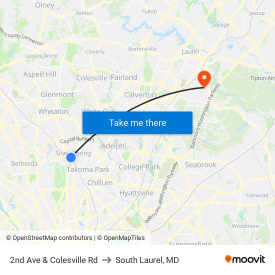 2nd Ave & Colesville Rd to South Laurel, MD map