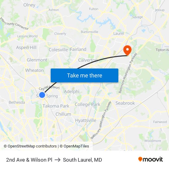 2nd Ave & Wilson Pl to South Laurel, MD map
