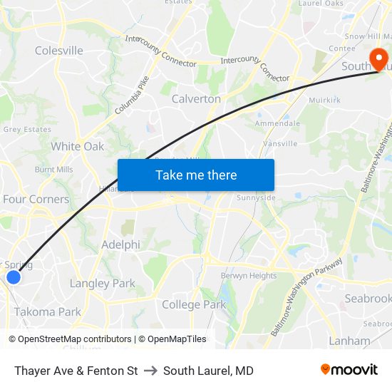 Thayer Ave & Fenton St to South Laurel, MD map