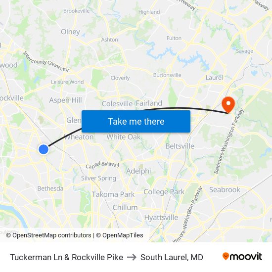 Tuckerman Ln & Rockville Pike to South Laurel, MD map