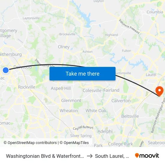 Washingtonian Blvd & Waterfront Pl to South Laurel, MD map