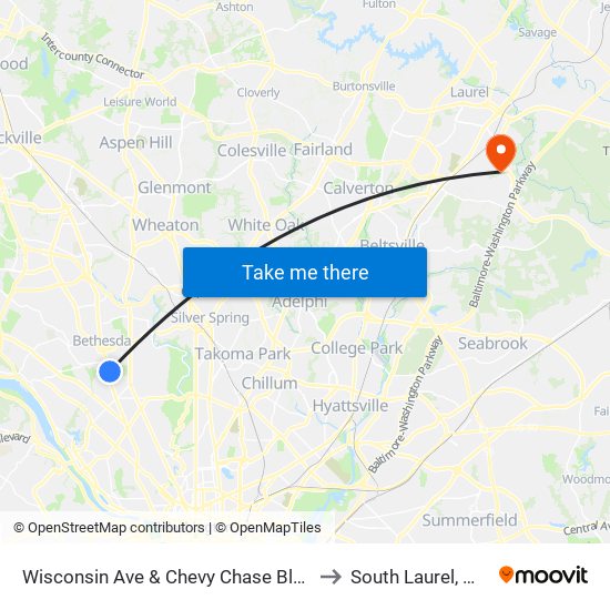 Wisconsin Ave & Chevy Chase Blvd to South Laurel, MD map