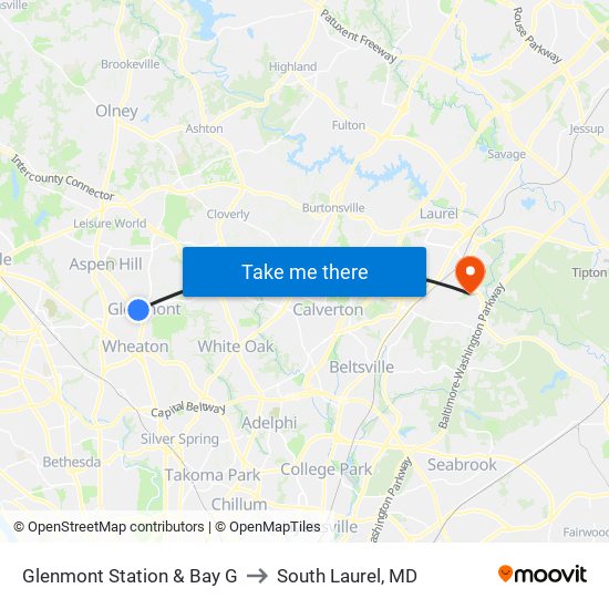 Glenmont Station & Bay G to South Laurel, MD map