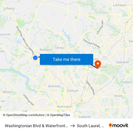 Washingtonian Blvd & Waterfront Pl to South Laurel, MD map