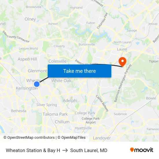 Wheaton Station & Bay H to South Laurel, MD map