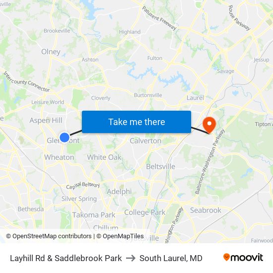 Layhill Rd & Saddlebrook Park to South Laurel, MD map