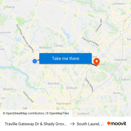 Traville Gateway Dr & Shady Grove Rd to South Laurel, MD map