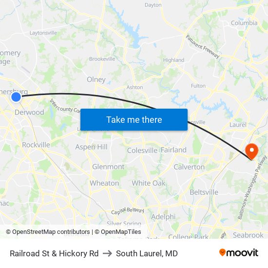 Railroad St & Hickory Rd to South Laurel, MD map