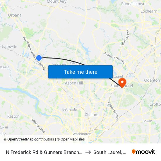 N Frederick Rd & Gunners Branch Rd to South Laurel, MD map