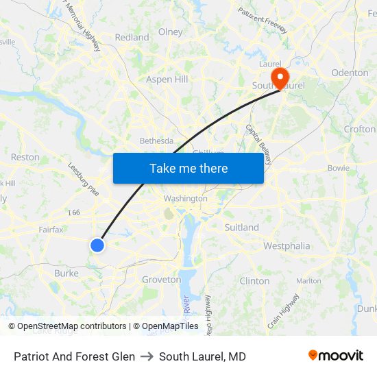 Patriot And Forest Glen to South Laurel, MD map