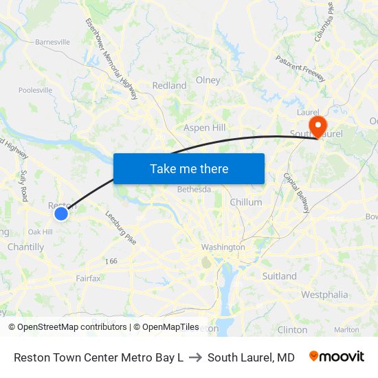 Reston Town Center Metro Bay L to South Laurel, MD map