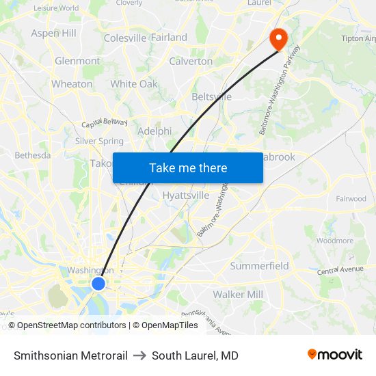 Smithsonian Metrorail to South Laurel, MD map