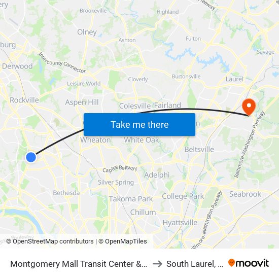 Montgomery Mall Transit Center & Bay E to South Laurel, MD map