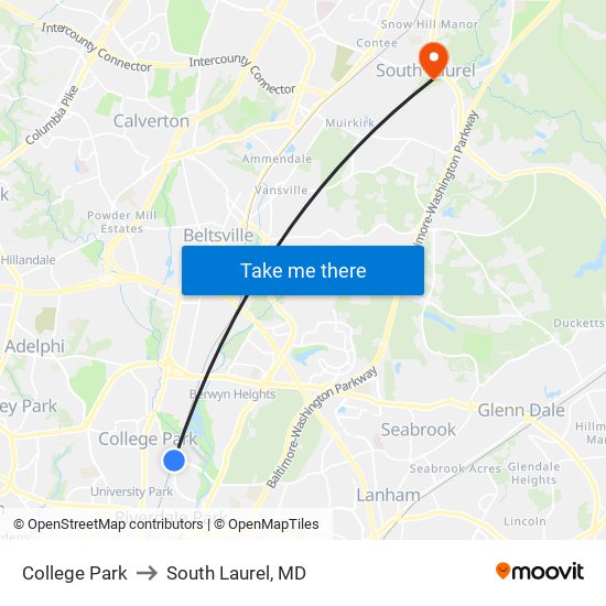 College Park to South Laurel, MD map