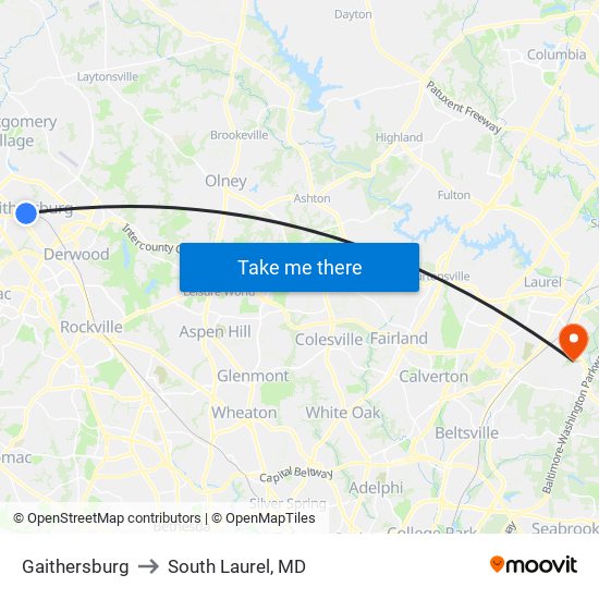 Gaithersburg to South Laurel, MD map