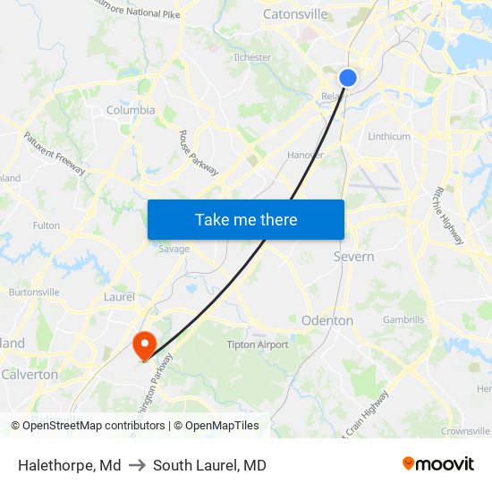 Halethorpe, Md to South Laurel, MD map