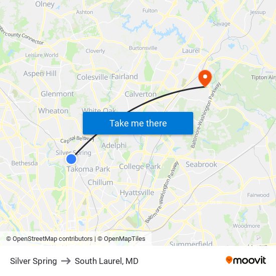 Silver Spring to South Laurel, MD map