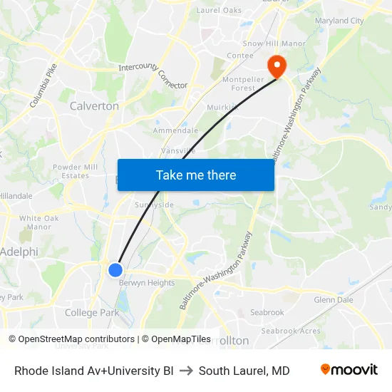 Rhode Island Av+University Bl to South Laurel, MD map