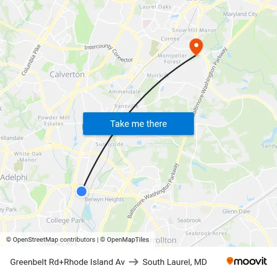 Greenbelt Rd+Rhode Island Av to South Laurel, MD map