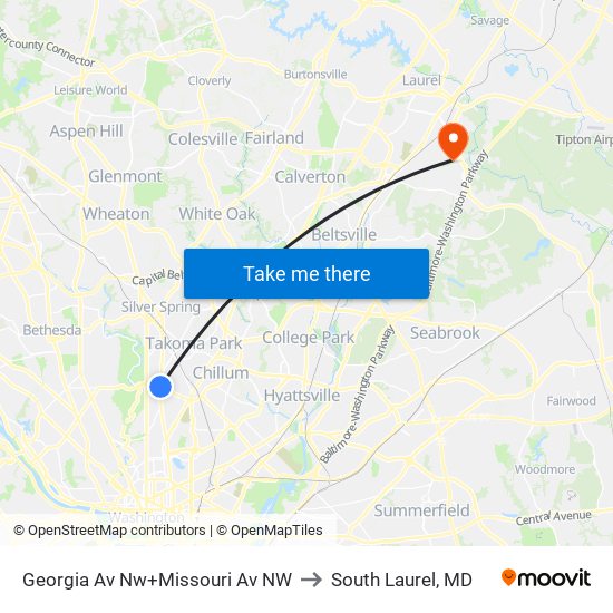 Georgia Av Nw+Missouri Av NW to South Laurel, MD map