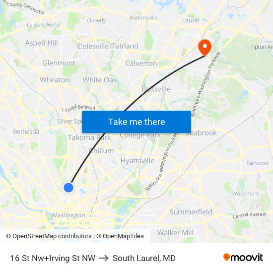 16 St Nw+Irving St NW to South Laurel, MD map