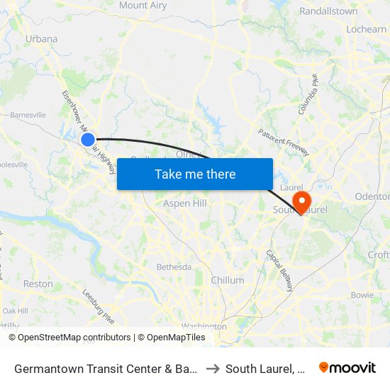 Germantown Transit Center & Bay B to South Laurel, MD map