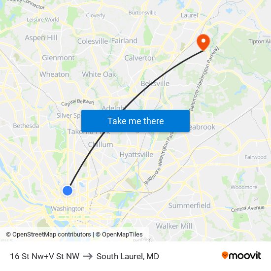 16 St Nw+V St NW to South Laurel, MD map