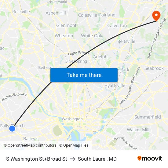 S Washington St+Broad St to South Laurel, MD map