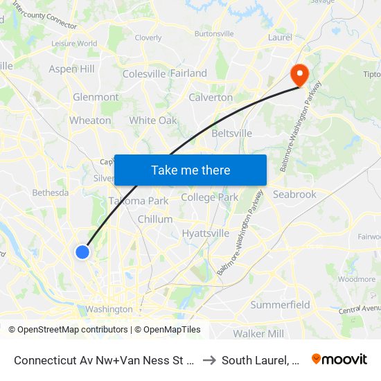 Connecticut Av Nw+Van Ness St NW to South Laurel, MD map