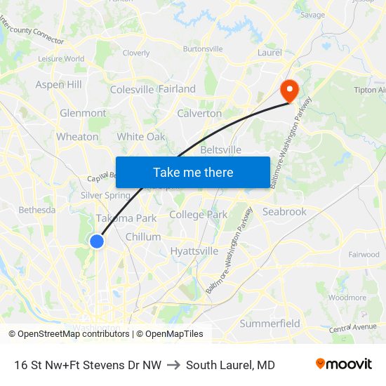 16 St Nw+Ft Stevens Dr NW to South Laurel, MD map