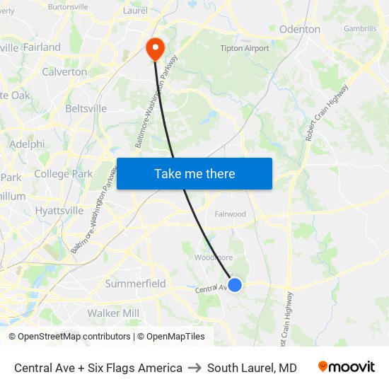 Central Av+Six Flags to South Laurel, MD map