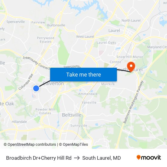 Broadbirch Dr+Cherry Hill Rd to South Laurel, MD map