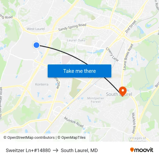 Sweitzer Ln+#14880 to South Laurel, MD map