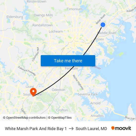 White Marsh Park And Ride Bay 1 to South Laurel, MD map