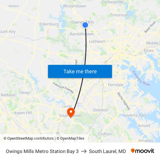 Owings Mills Metro Station Bay 3 to South Laurel, MD map