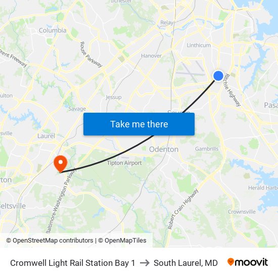 Cromwell Light Rail Station Bay 1 to South Laurel, MD map
