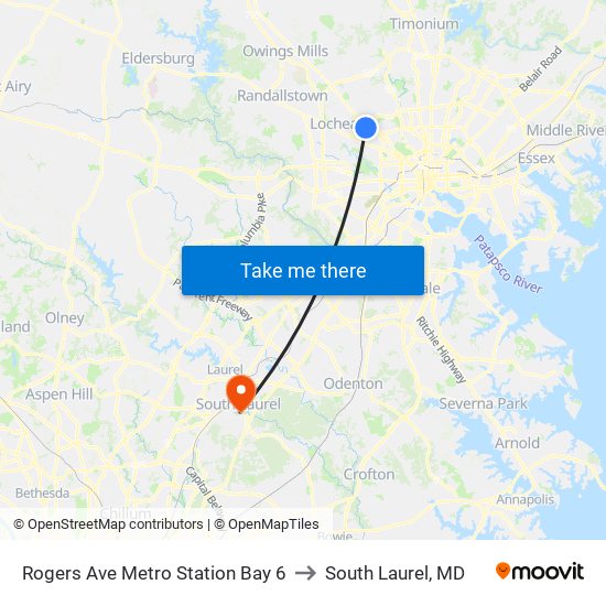 Rogers Ave Metro Station Bay 6 to South Laurel, MD map