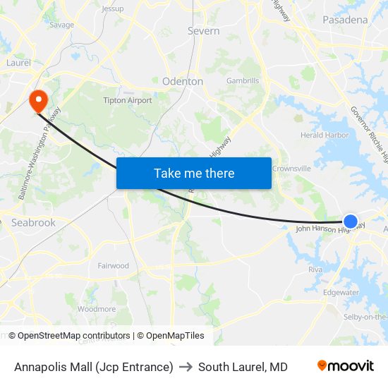 Annapolis Mall (Jcp Entrance) to South Laurel, MD map