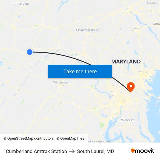 Cumberland Amtrak Station to South Laurel, MD map