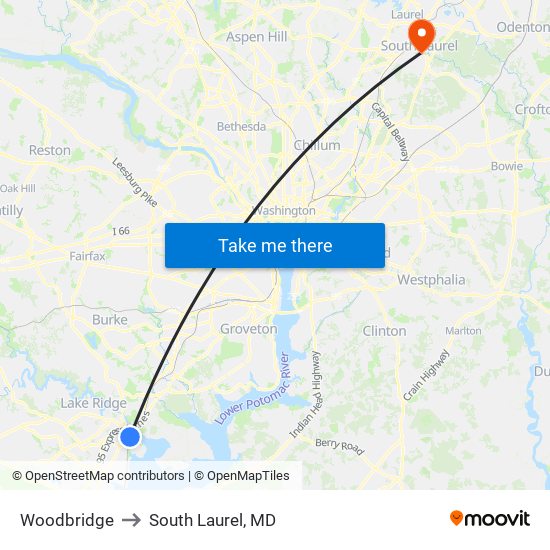 Woodbridge to South Laurel, MD map