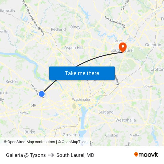 Galleria And Tysons to South Laurel, MD map