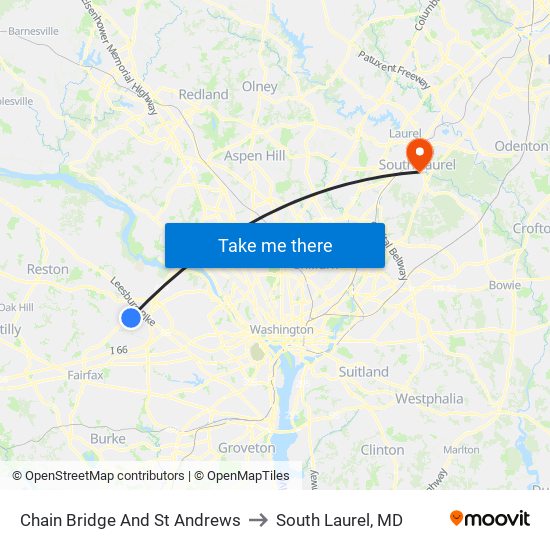 Chain Bridge And St Andrews to South Laurel, MD map