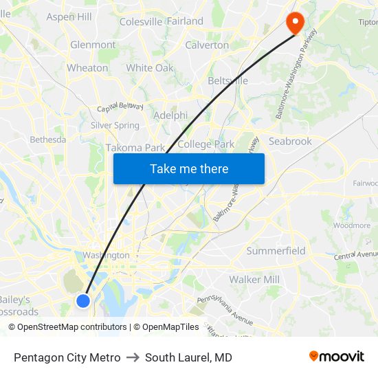 Pentagon City Metro to South Laurel, MD map