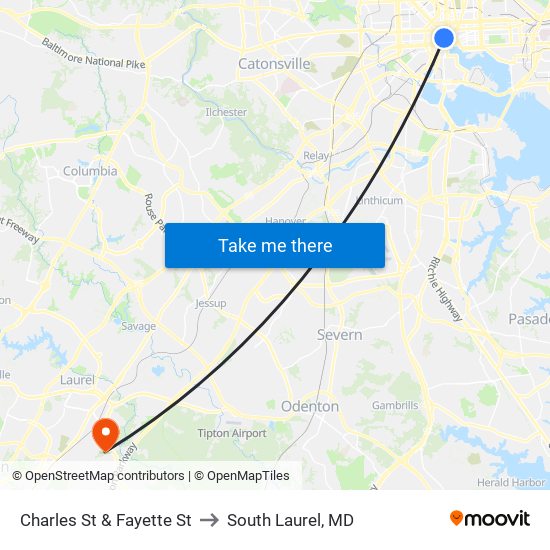 Charles St & Fayette St to South Laurel, MD map